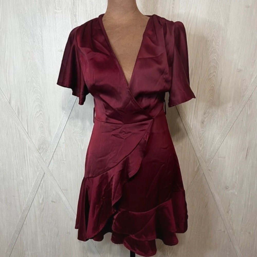 Hello Molly Burgundy Satin Faux Wrap Ruffle Mini Dress Wine Red Short Sleeve S 4